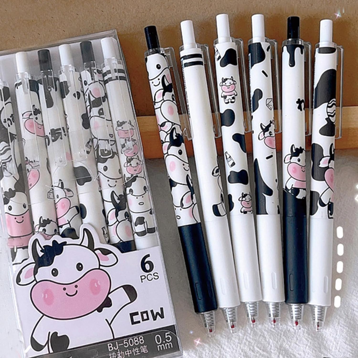 MOZXIRZ 6 Pcs Cartoon Retractable Pens Gel Ink Pens Cute Cow Pen 0.5mm Black Ink Writing Pen Office School Supplies for Women Men (Cow) image 2