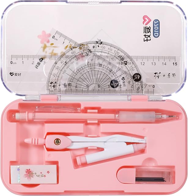 8 Pcs Geometry Set, UMiWEi Maths Set Drawing Ruler Set Educational Supplies Compass Protractors Square Set Students Stationery Gift, Pink