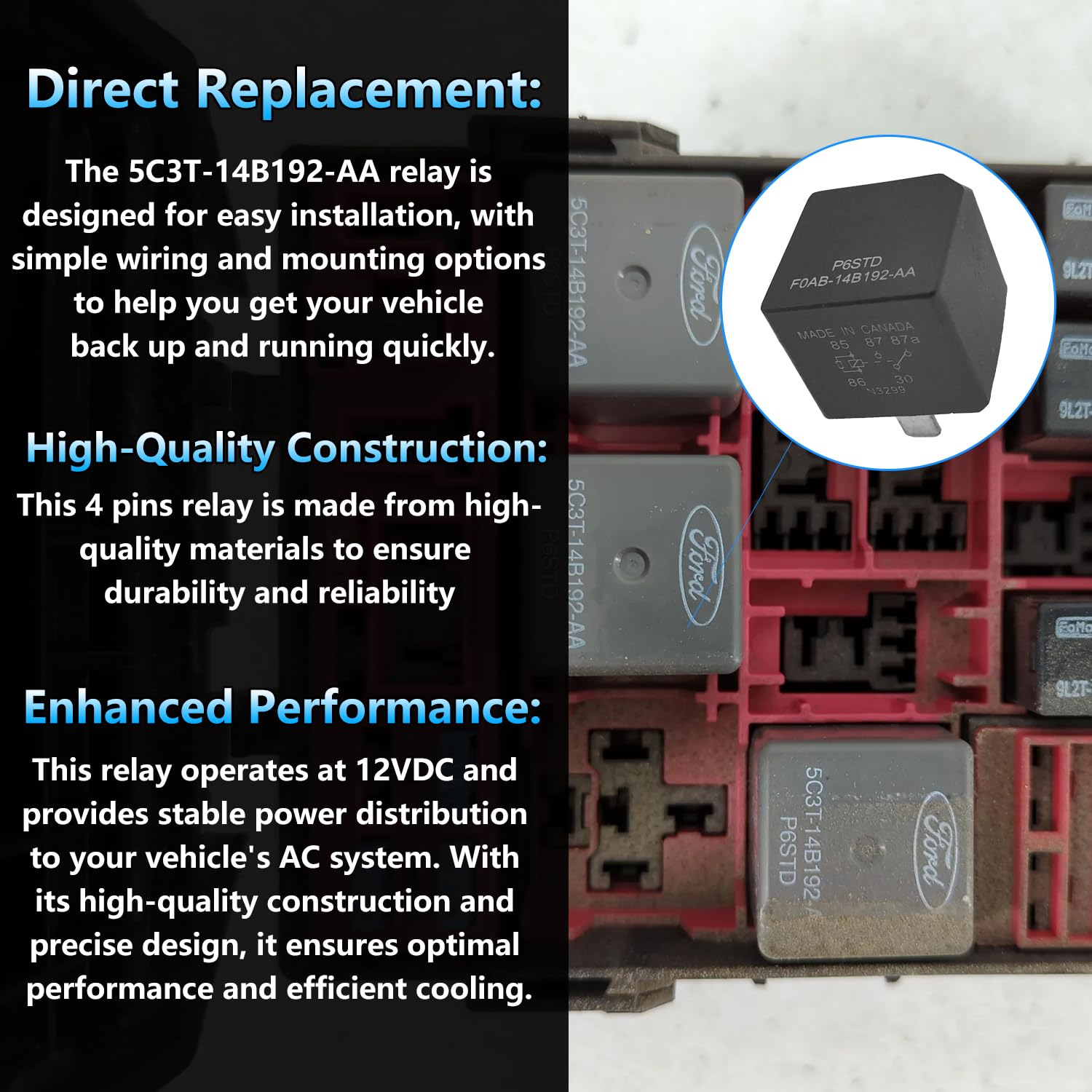 Automotive Multi-Function Relay 5C3T-14B192-AA,4 Pin Multi-Purpose Relay for Ford, Replace 5C3T-14B192-AA 5C3T14B192AA