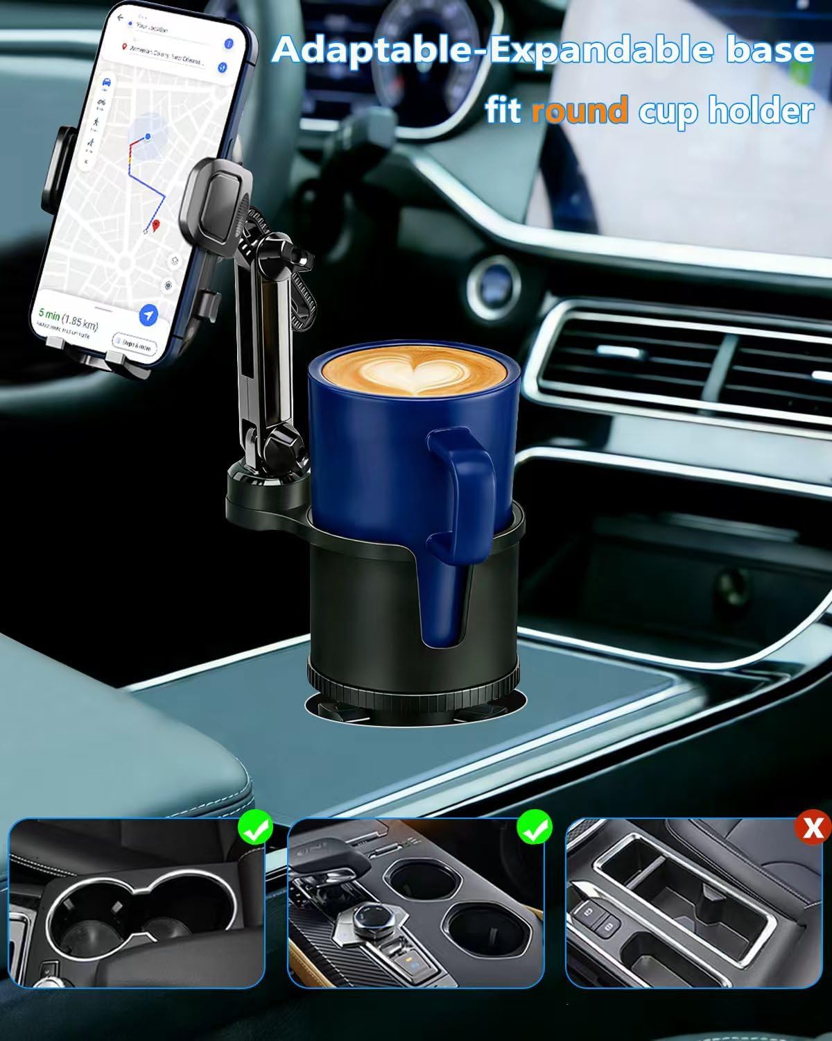 Cup Phone Holder for Car [2 in 1 Upgraded] Universal Car Cup Holder Phone Mount Long Adjustable & Rotatable Arm, Sturdy No-Shake Design, Fit with iPhone 4-7 inches Smartphones & Big Bottle
