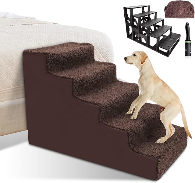 Myiosus Dog Steps for High Bed, 5-Step Plastic Dog Stairs with Washable Cover for Bed, Sofa, Portable Non-Slip Pet Ladder for Large Dogs Cats, Send Lint Roller, 74.5 x 42 x 51 cm