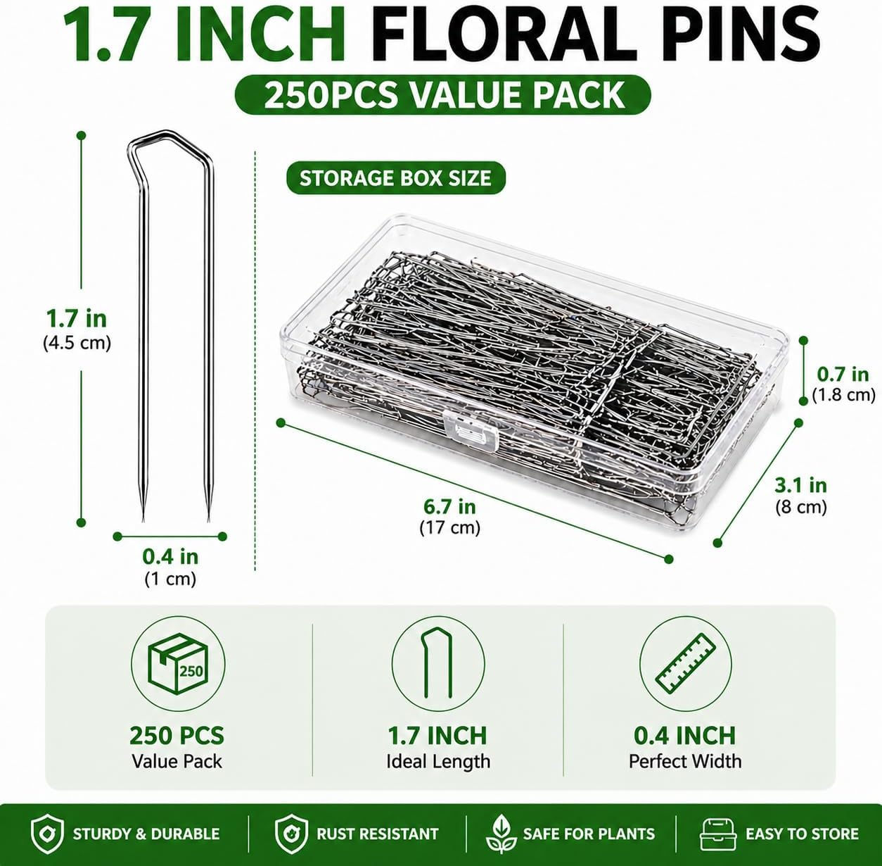 250 PCS U-Shaped Floral Pins, 1.7 Inch Stainless Steel Greening Pins