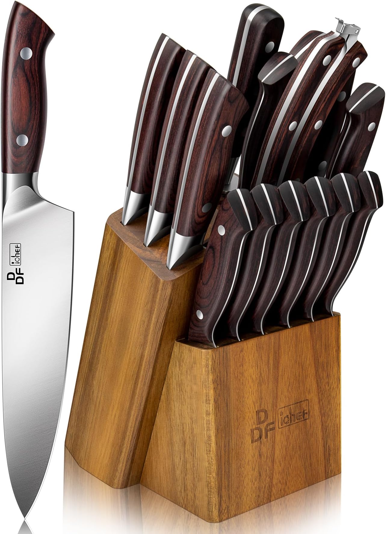 – Kitchen Knife Set, 16-Piece Knife Sets for Kitchen with Block Japanese Stainless Steel Knives Set with Sharpener Ultra Sharp Professional Chef Knife Set with Ergonomic Handle for Cutting