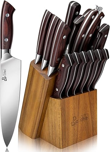 DDF iohEF Juego de cuchillos de cocina, juego de cuchillos de cocina de 16 piezas con bloque japonés de acero inoxidable con afilador, juego de