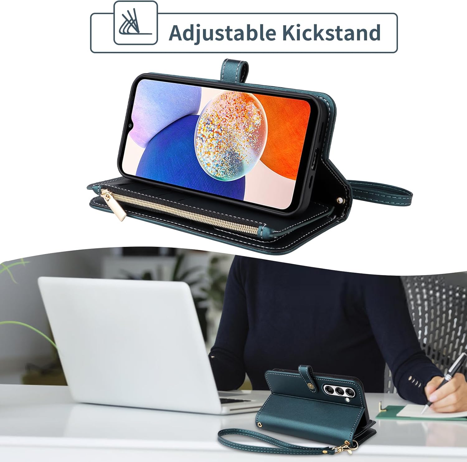 Wallet Case for Samsung Galaxy A15 5G/4G with Wrist Strap Flip Zipper Credit Card Holder Soft Stand Accessories Argyle Pattern Cell Phone Cover for A 15 G5 15A Women Girls Green