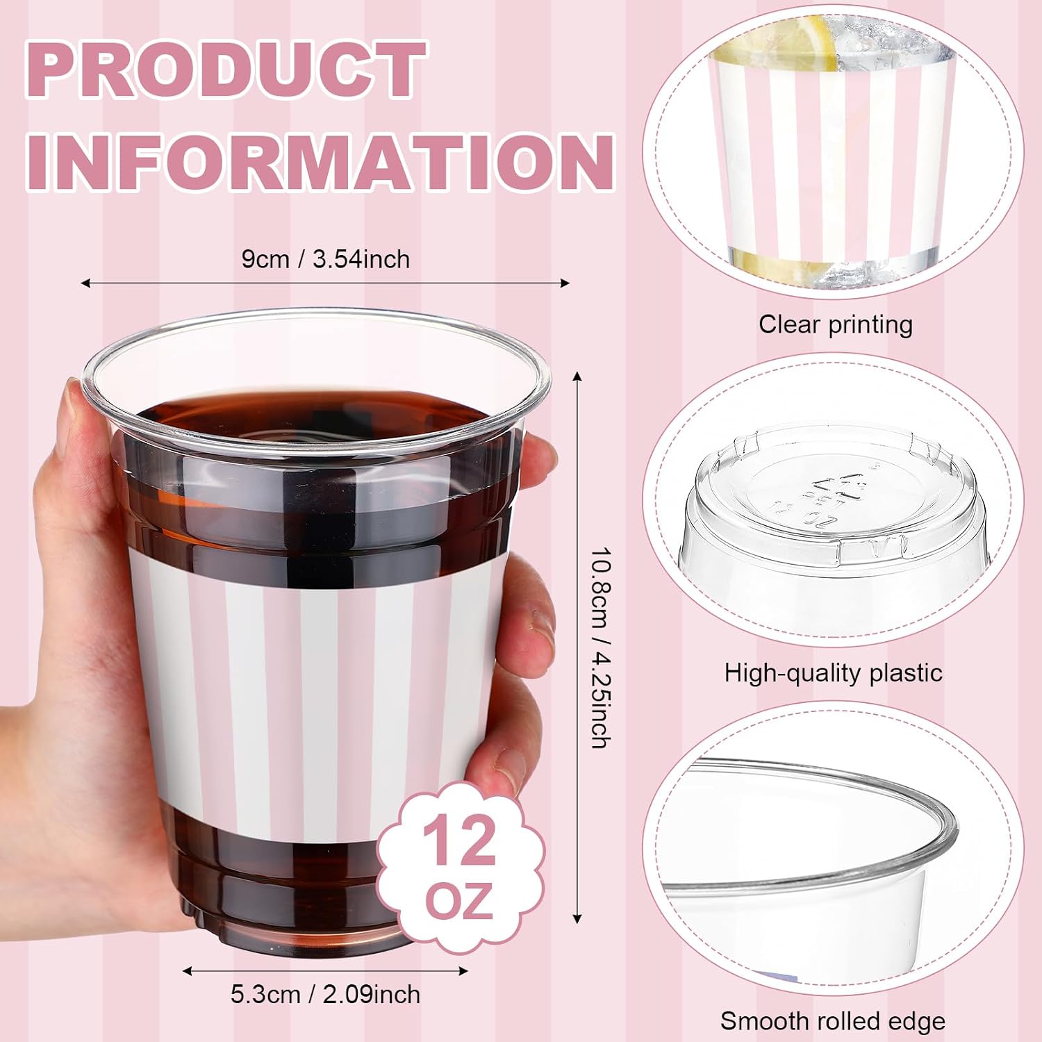 LemonRoad 50 Pcs Pink Striped Plastic Cups Bulk 12 oz Disposable Pool Party Stripe Cups for Holidays Birthday Coastal Beach Bachelorette Bridal Shower Wedding Party Supplies Summer Drinkware image 2