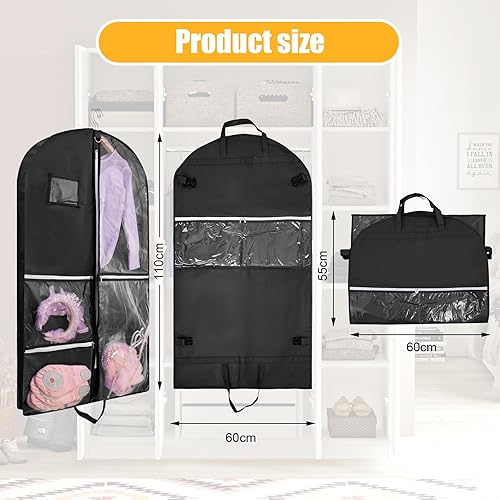 Vista 18 de Paquete de 2 bolsas de ropa para colgar ropa de viaje, bolsa de baile de 40 pulgadas, bolsas de ropa de baile para bailarines, artículos esenciales
