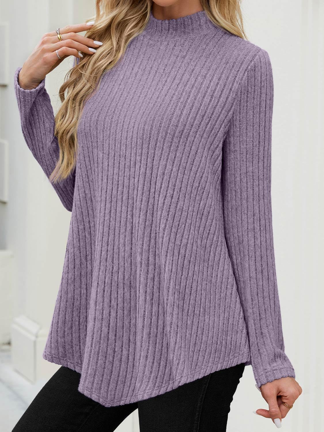 JUSTFASHIONNOW Mock Turtleneck Tops for Women Cozy Sweaters Trendy Long Sleeve Shirts Tunic Tops to Wear with Leggings - Image 5