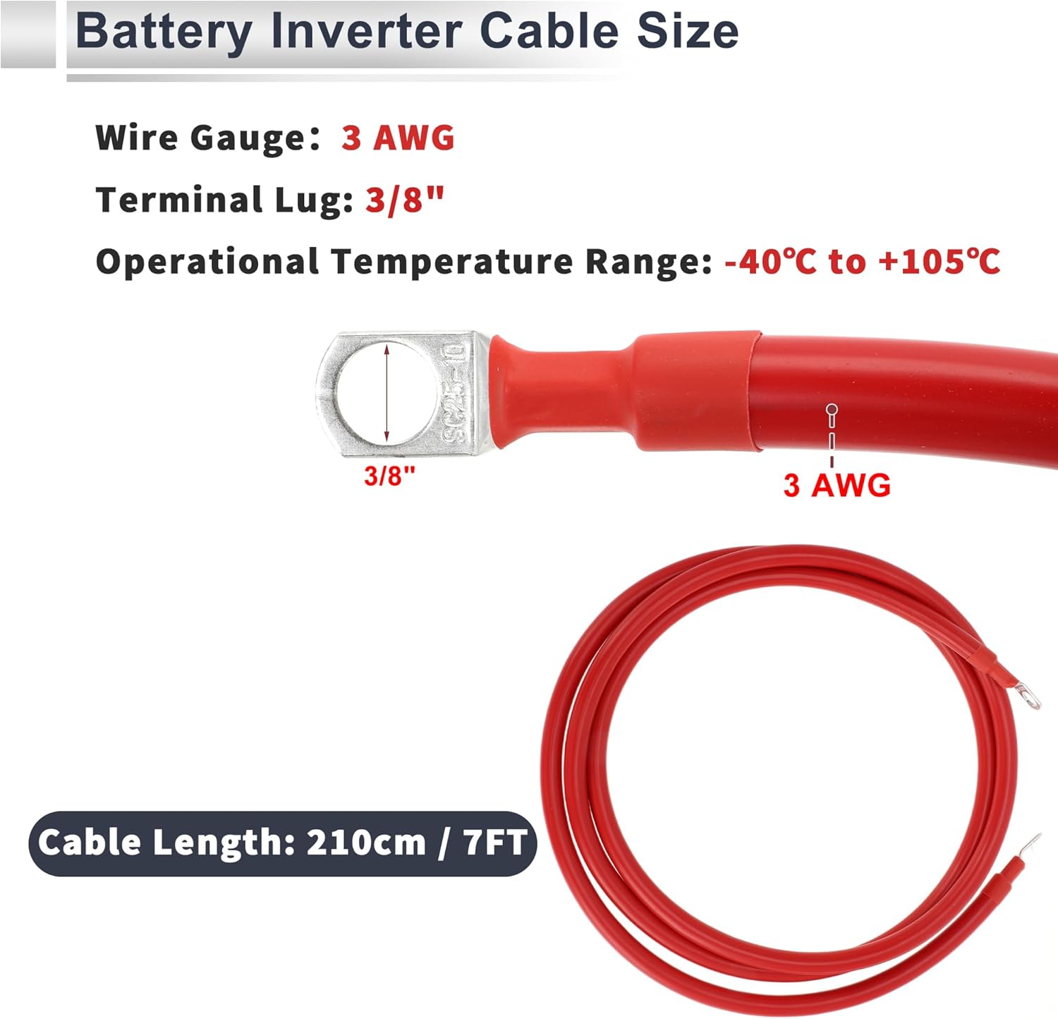 1 Pc Universal Battery Inverter Cable 3/8" Lug 7FT Battery Cable 3 AWG Gauge Red Tinned Copper