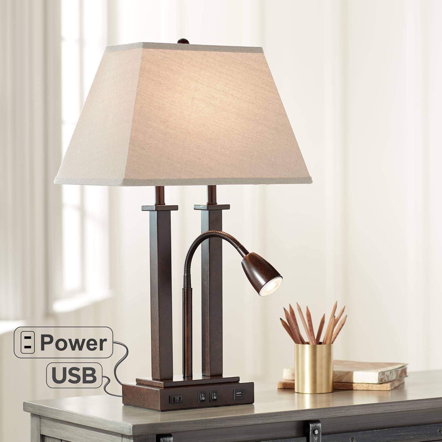 Deacon Modern Desk Table Lamp with USB and AC Power Outlet in Base Gooseneck LED 26" High Bronze Rectangular Linen Shade for Living Room Bedroom House Bedside Nightstand Home - Possini Euro Design - - 