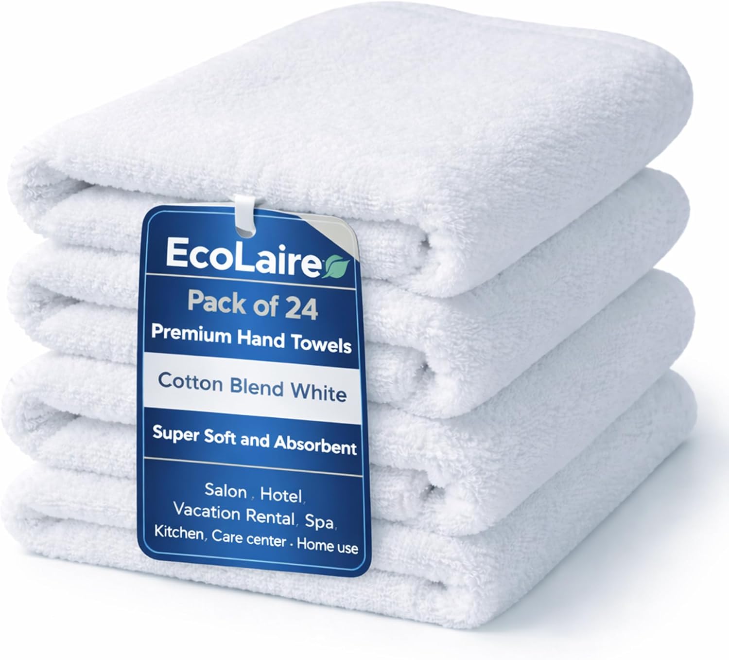 EcoLaire Hand Towels 16"x27", Pack of 24, Cotton Blend White Premium Towels- Super Soft and Absorbent Best for Salon, Hotel, Vacation Rental, Spa, Kitchen, Care Center, Home & Bulk Commercial Use