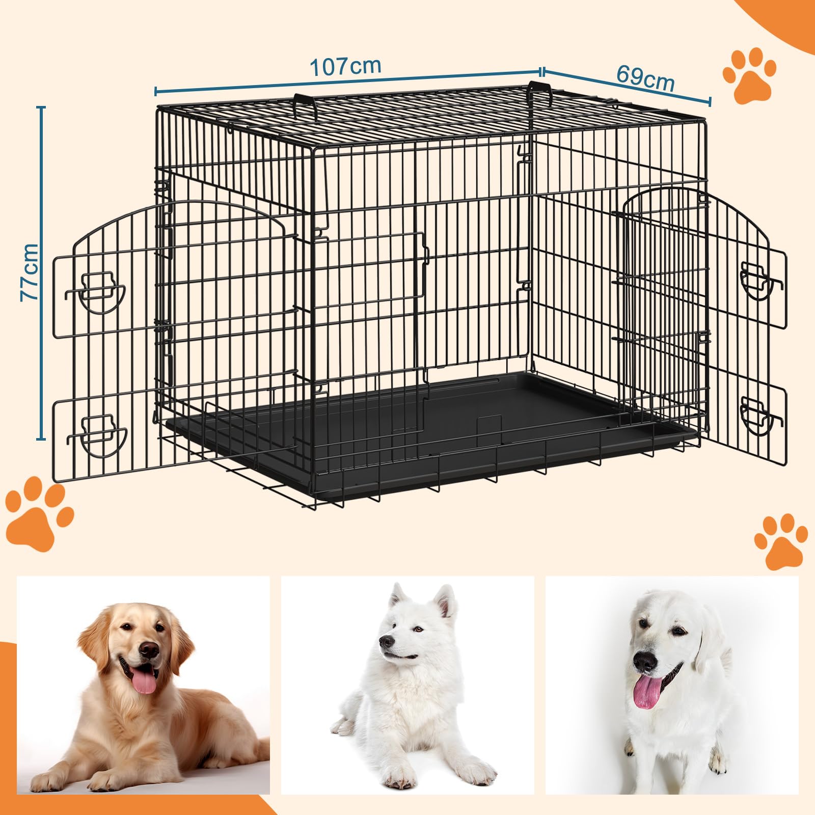 EUGAD Hundebox, Hundekäfig Metalldraht mit ausziehbare Bodenschale | Hundekäfig Faltbar 2 Türen, Hundebox zuhause 108x76x69cmTransportkäfig, Hundetransportbox für Hunde Welpe mittelgroße