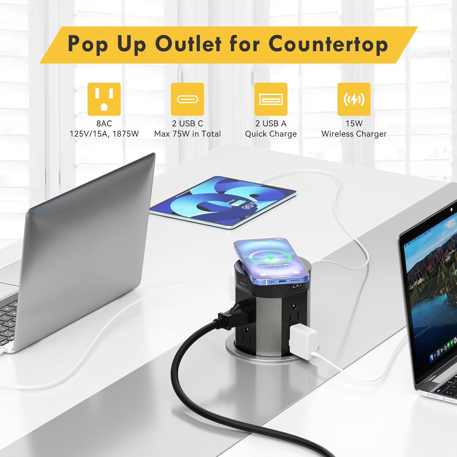 Kungfuking Pop Up Outlet for Countertop Kitchen, 15W Wireless Charger, 75W USB C Counter Top Electrical Power, 8 Outlets & 4 USB Ports, 4" Hole Recessed Popup Outlet for Island Conference Table