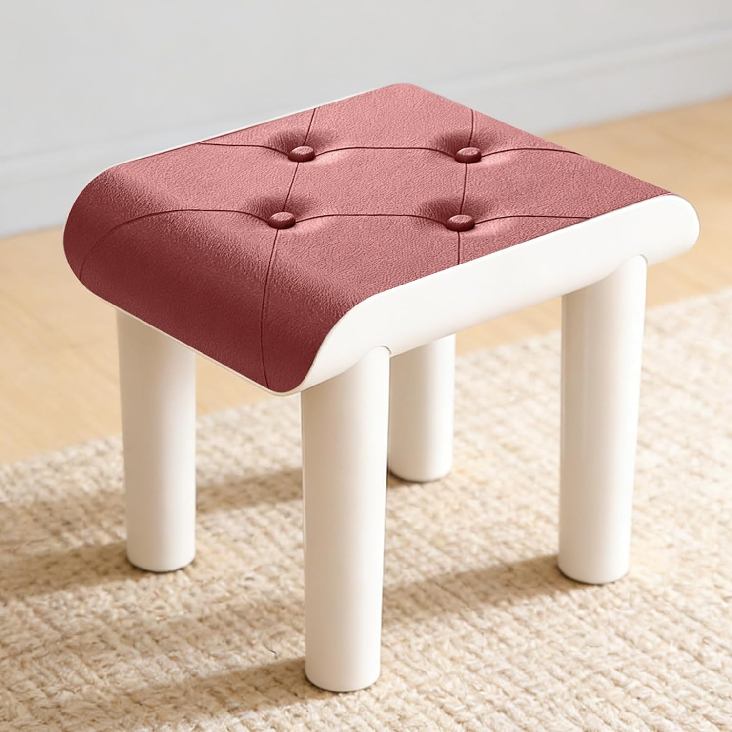 Faux Leather Foot Stool with Legs, Small Footstool Ottoman, Waterproof and Anti-Slip, Load up to 220 lb, for Bathroom, Living Room, Entryway, and Dorm, Red, S
