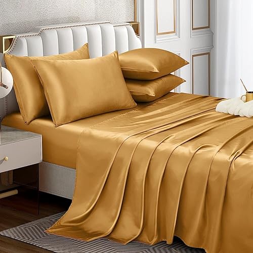 Sábanas de satén tamaño Queen (6 piezas, 34 colores), juego de sábanas de satén sedoso - Juego de sábanas de satén con 4 fundas de almohada, sábana