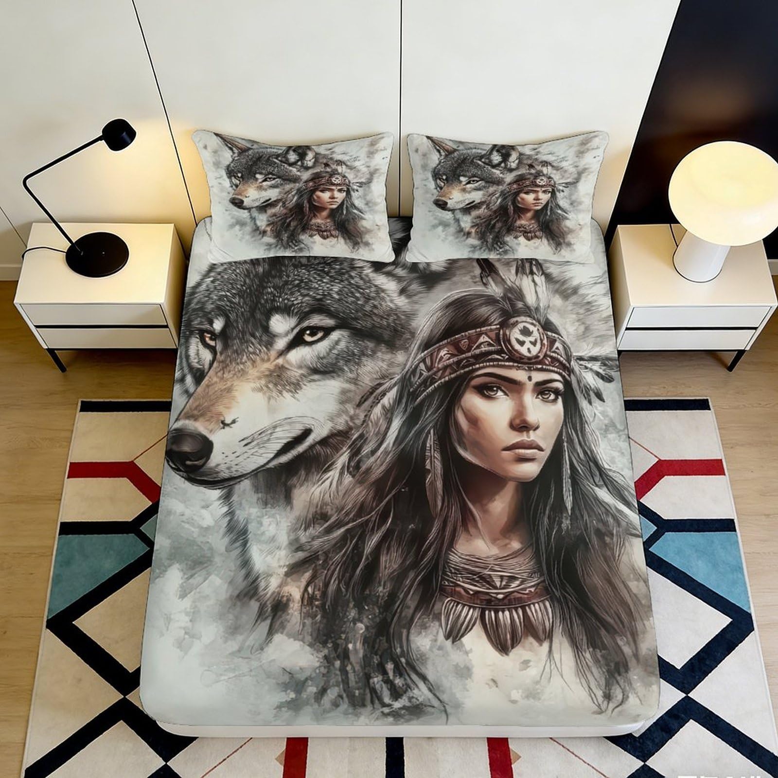 3D Printed Wolf Spirit Fitted Sheet Microfiber Soft Mattress Cover for Bedroom Guest Room Decorative Bed Protection 90x200x25cm