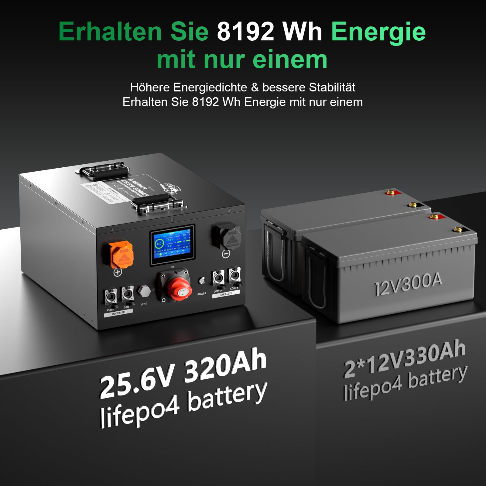 LiFePO4, batteria al litio da 24 V, 320 Ah, batteria al litio da 8192 Wh con BMS integrata da 200 A, protezione a bassa temperatura, 8000 cicli e durata di 10 anni, per camper, camper