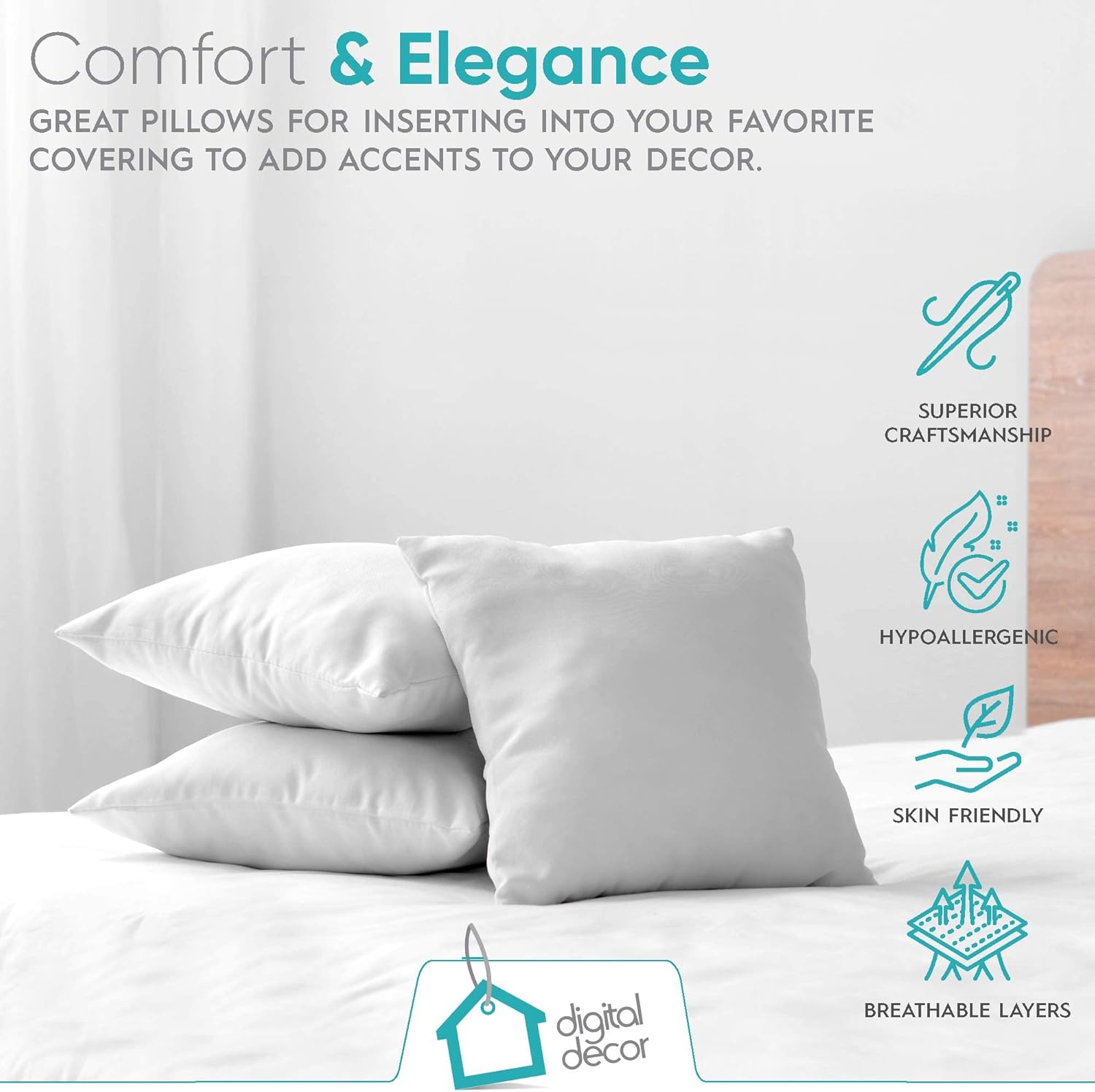 Digital Decor Decorative Throw Pillow Insert 26x26, Extra-Full Down Alternative Hypoallergenic Pillow Form for Sofa, Couch & Bed, Made in USA Square Cushion Insert, White, 1 Pack