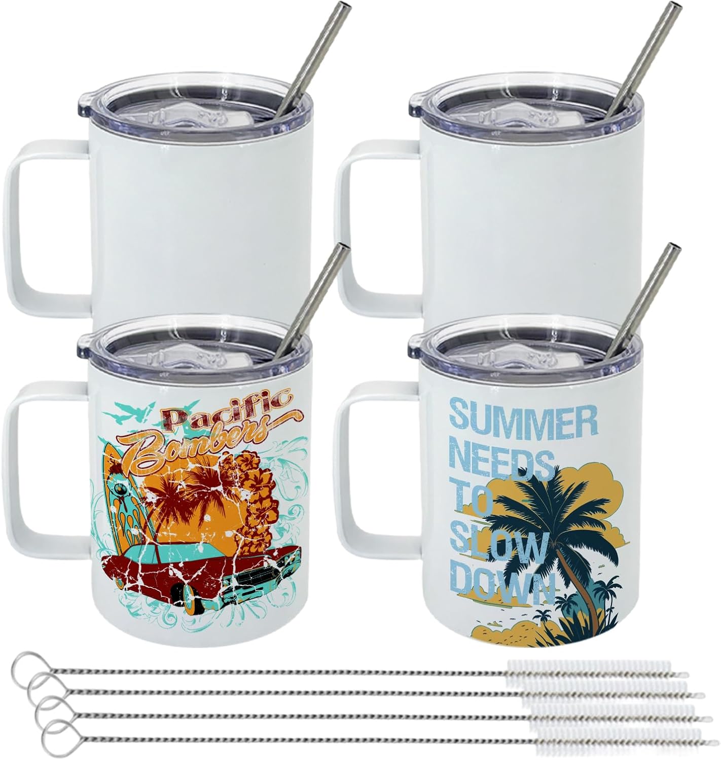4 Pack 12 oz Sublimation Tumbler with Handle and Straw Stainless Steel Blank Coffee Mugs Double Vacuum Insulation Heat Press Transfer Printing DIY Cups
