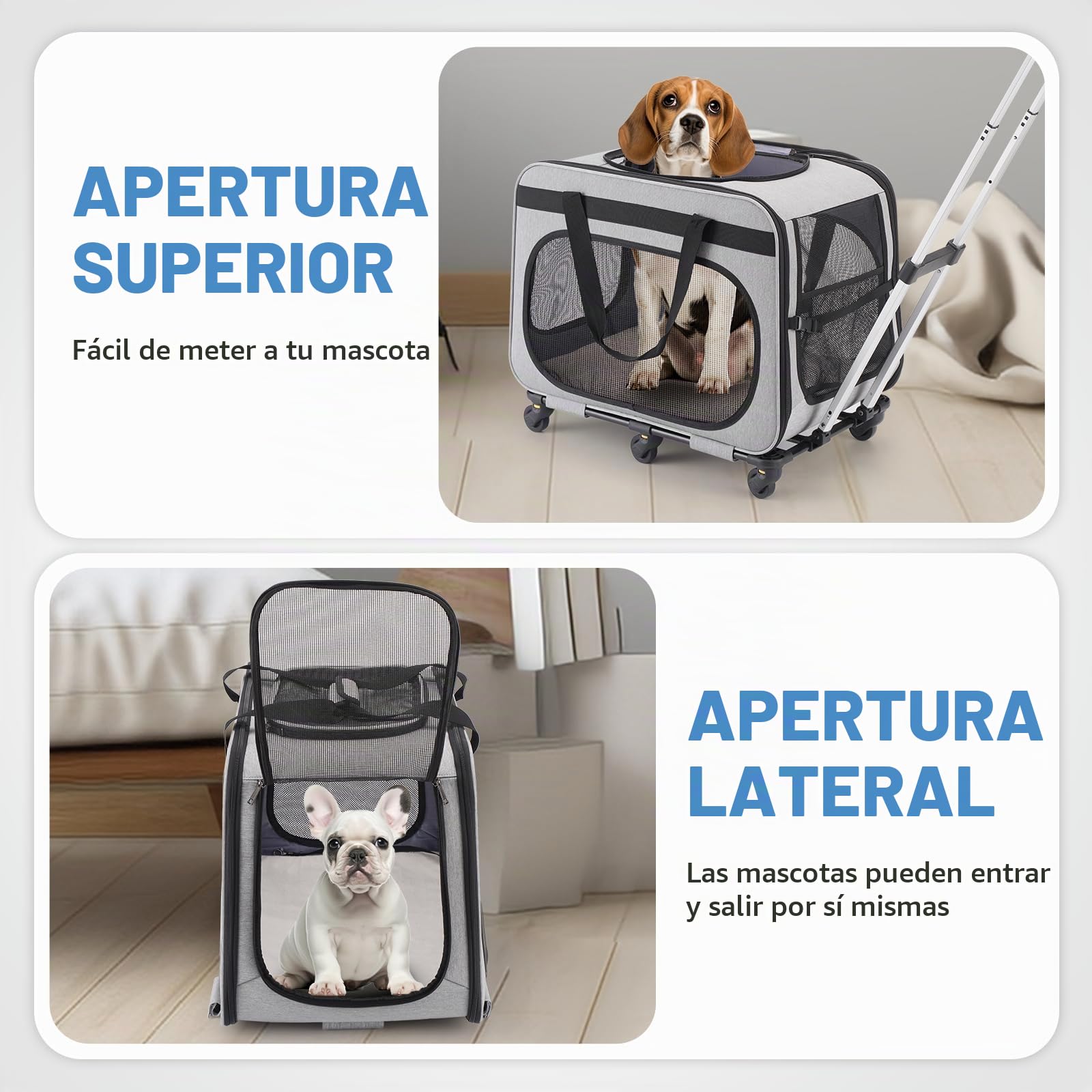 Transportín 2 en 1 Gatos Perros con 6 Ruedas, Transportin Plegable Gato Grande 20kg con Ruedas, Transportador para Mascotas con Asa Telescópica, Gris