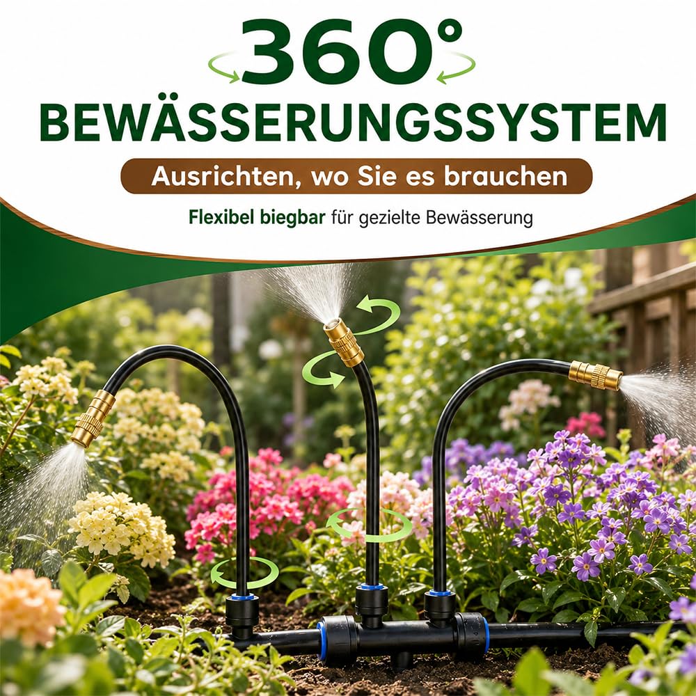 LIGBT Sistema di irrigazione automatico da giardino, 15 m, 360°, set completo con 15 ugelli di spruzzo regolabili, nebbia e irrigazione a goccia, per balconi, serre, aiuole rialzate, piante in vaso e