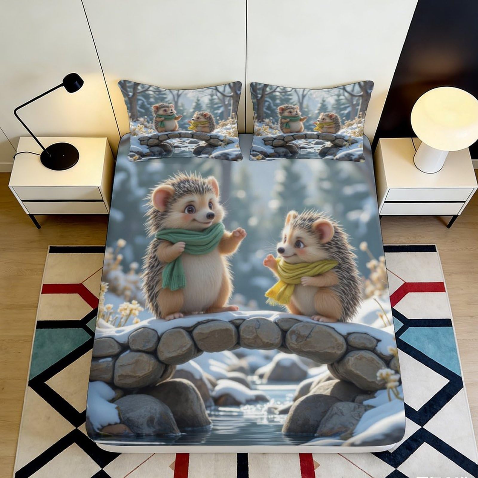 3D Printed Winter Hedgehog Fitted Sheet Microfiber Cute Animal Bridge Scene Mattress Cover for Bedroom Dorm Decor 180x200x25cm