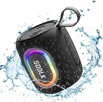 Bluetooth Speakers, Wireless Portable Speaker with RGB Party Light, IPX7 Waterproof, Rich Bass, Stereo Dual Pairing, USB & TF Card & AUX Input Black