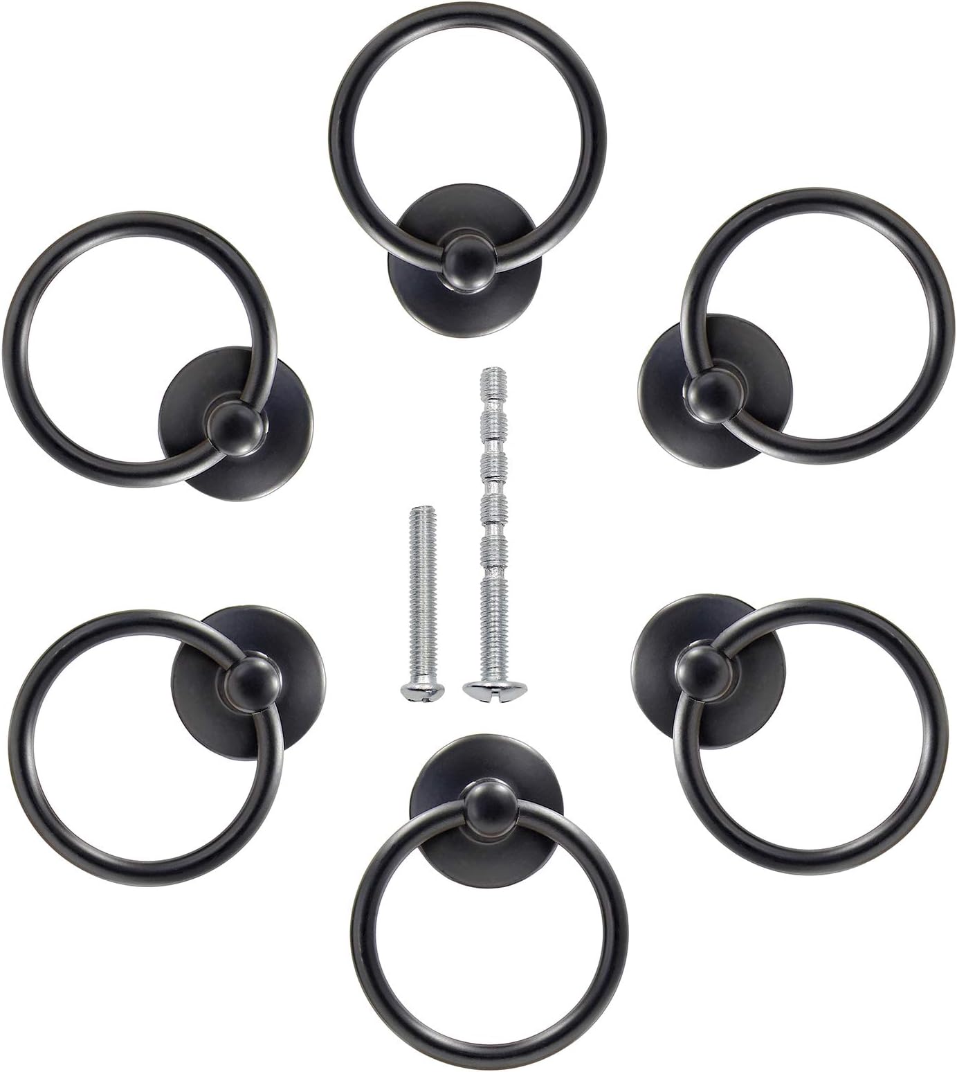 6Pcs Round Ring Drawer Pulls Matte Black Ring Handle Knobs for Cabinet Drawer Dresser Cupboard Wardrobe, Single Hole