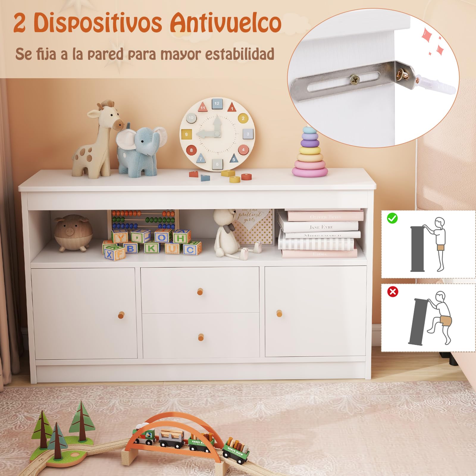 GOPLUS Organizador de Almacenamiento de Juguetes para Niños, Estantería con 2 Cajones, 2 Gabinetes Cerrados y 1 Compartimento Abierto, Mueble de Madera para Sala de Juegos (Blanco)