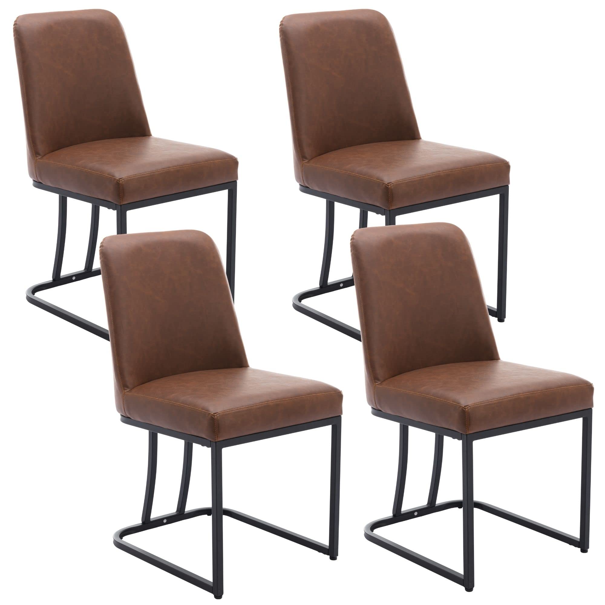 BESTANO Modern Dining Chairs Set of 4, Faux Leather Upholstered Mid-Century Side Kitchen Chairs, Armless Chair with Black Legs Dining Living Room Chairs, Brown