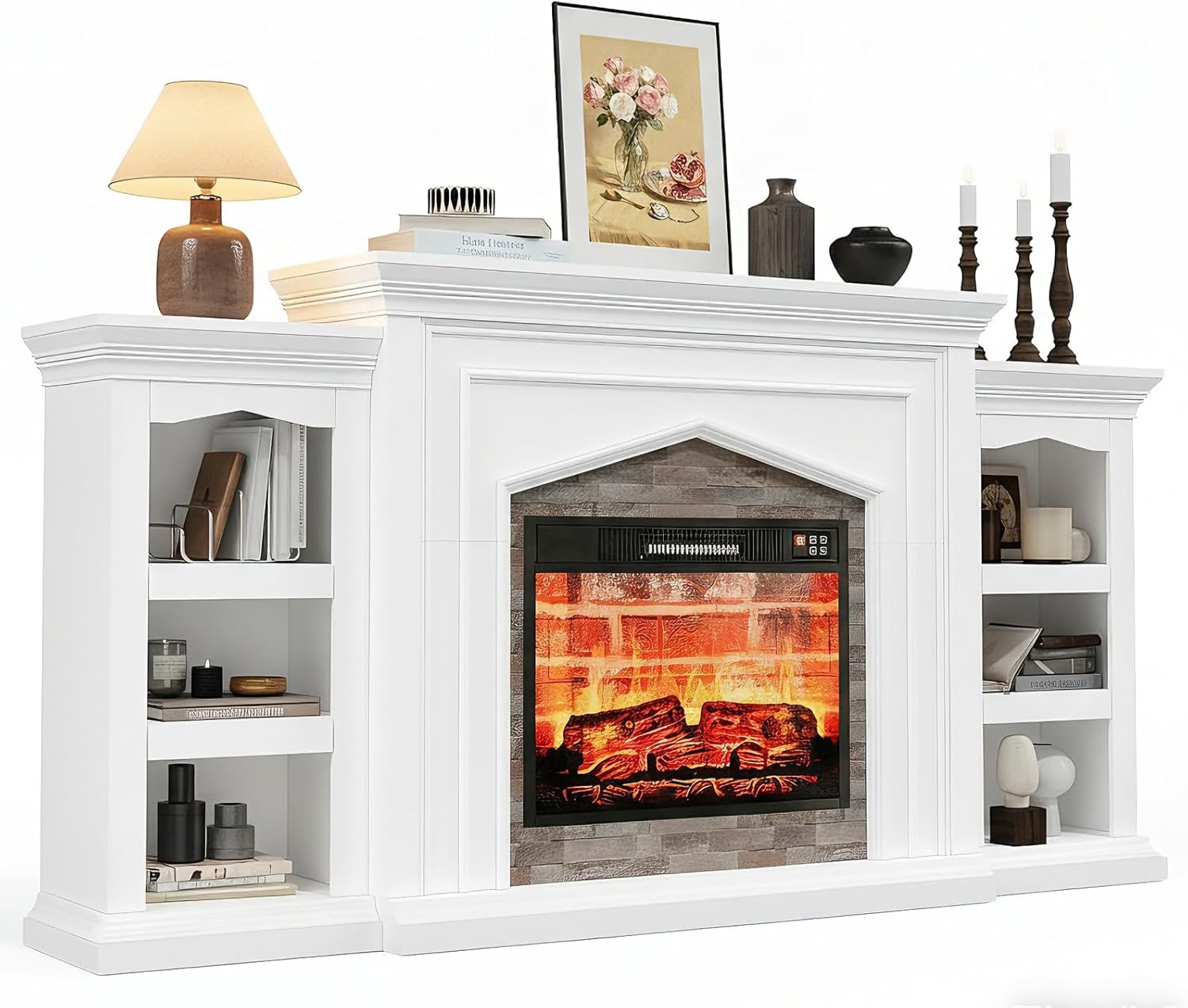 LGHM 80" Fireplace TV Stand for TVs Up to 90 Inch, Electric Fireplace with Mantel, Modern Entertainment Center with Storage, Realistic Stacked Stone Surround and 3D Flame Effect for Living Room