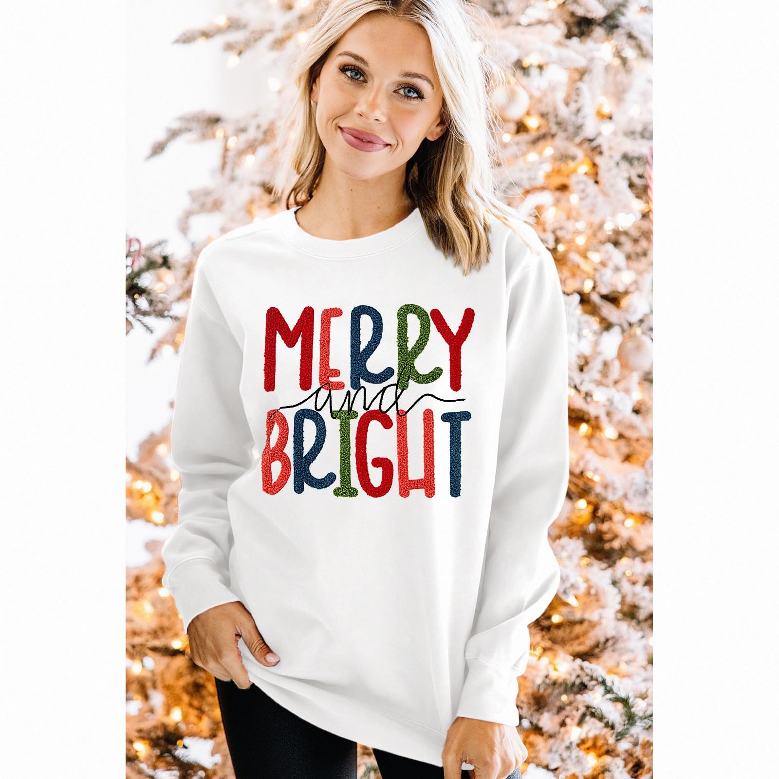 MODNTOGA Merry and Bright Sudadera de cuello redondo para mujer, suéter de Feliz Navidad, con parche retro con purpurina, camiseta de Feliz Navidad