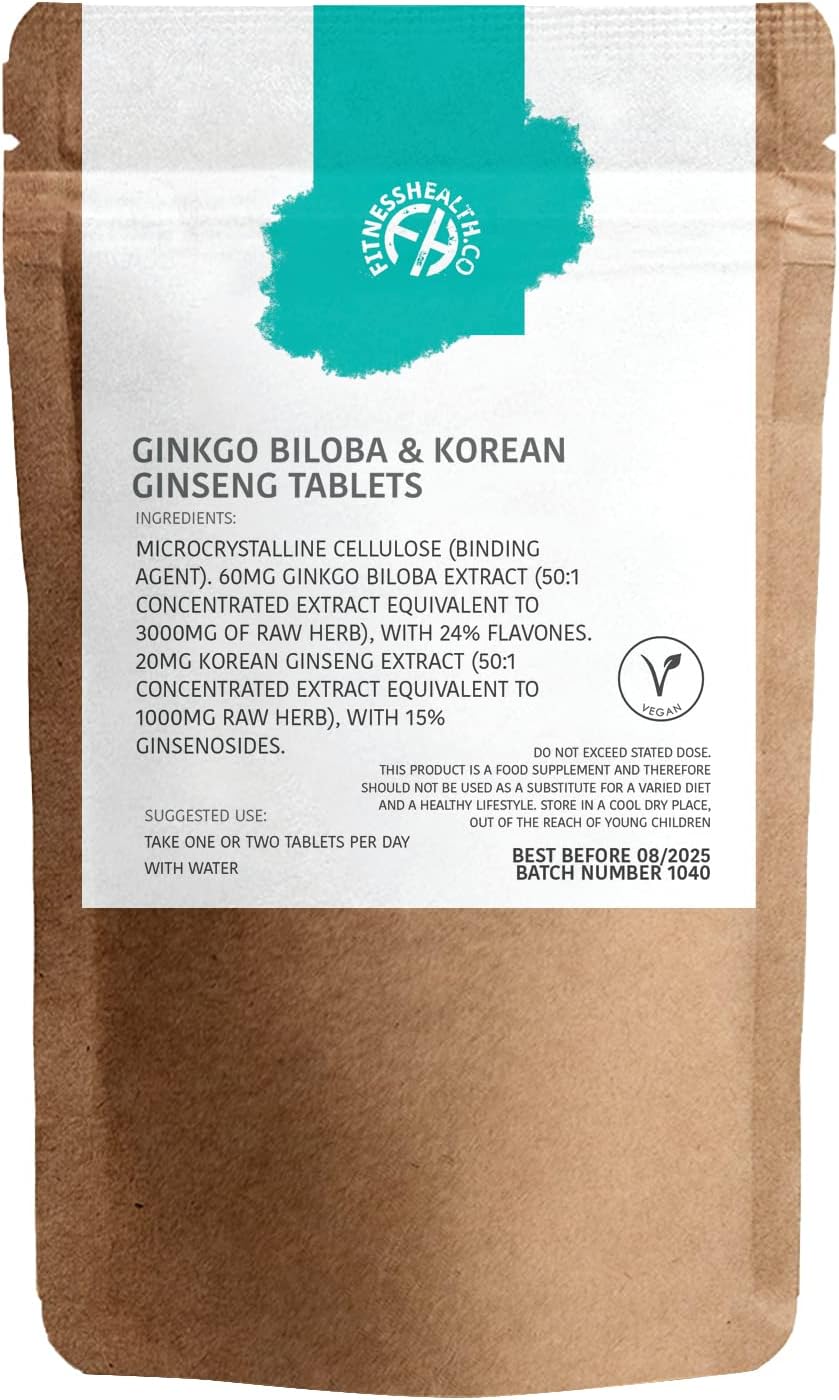 Fitness Health Ginkgo Biloba and Korean Ginseng 120 Tablets – Panax Ginkgo Biloba Tablets – Ginseng Supplement – Supports Mental Performance – Focus, Boost Energy Supplement