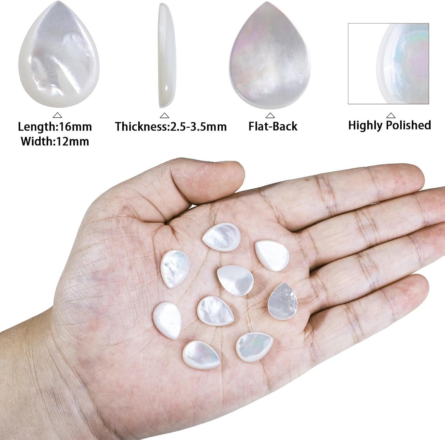 TUMBEELLUWA 10 Pcs White Shell Teardrop Cabochons for Jewelry Making 12 x16 mm, No Hole Flat Back Beads for Crafts Earrings Bracelets Necklaces Making Supplies