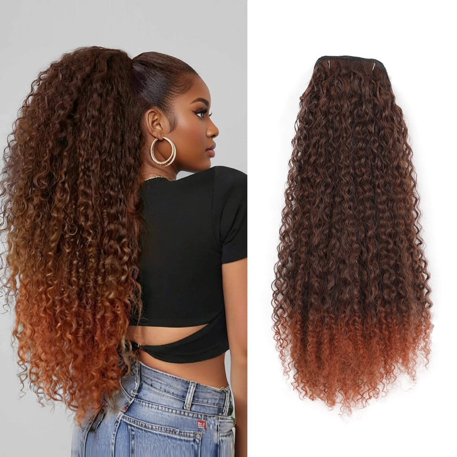 Drawstring Ponytail Extension for Women Afro Kinky Curly Synthetic 26 Inch Long Natural Brown Pony Tails Hair Pieces for Quick Secure Hairstyle Daily Use