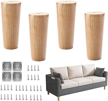4 Pcs Wooden Furniture Legs, 10 cm Legs for Furniture with 32 pcs Screw and 4 Pcs Mounting Plates, Straight Solid Tapered Wood Replacement Sofa Legs for Bed, Table, Chair, Sofa, Footstool