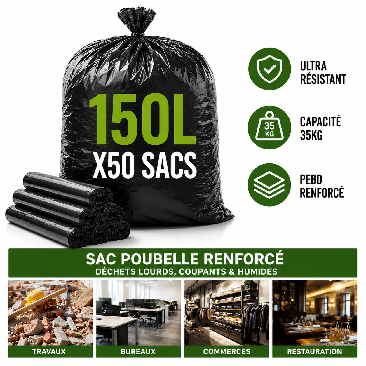 Bolsa de basura reforzada 150L | 50 bolsas ultra resistentes PEBD | Capacidad 35kg | Bolsa profesional antifugas y antidesgarros | Residuos pesados y cortantes | Trabajos, Oficinas, Comercios