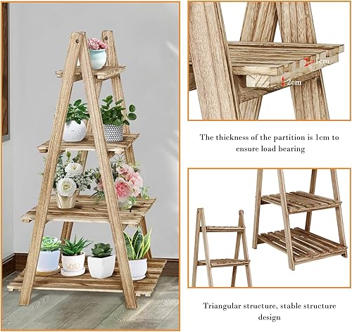 Miniatura 8 de ECOMEX Estante de escalera - Organizador de almacenamiento con estantes de madera rústica de 4 niveles, elegante y funcional soporte para plantas de