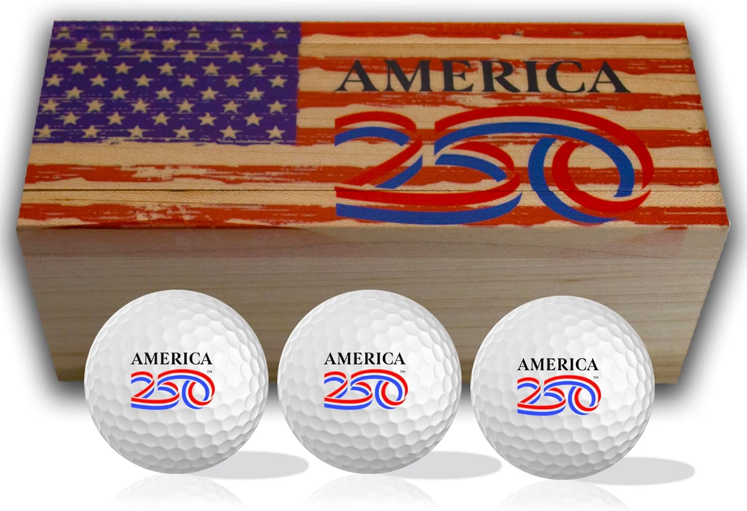 A250 Golf Balls 3-Pack in Wooden Gift Box – Patriotic USA Golf Ball Gift Set – Limited Edition – Golf Gifts for Men and Women