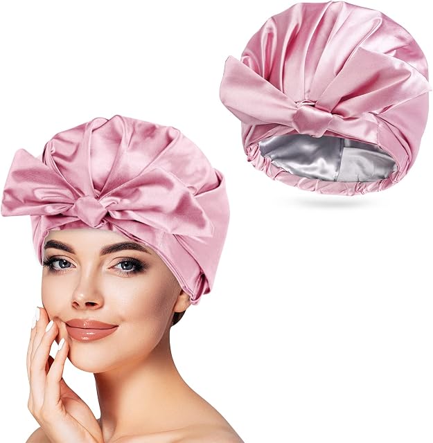 Arqumi Shower Cap, Reusable Bath Cap for Women Men, Waterproof Double-Layer Shower Cap with Ribbon Bow Large Elastic Hair Bath Cap Hair Bonnet for Long Thick Hair Pink