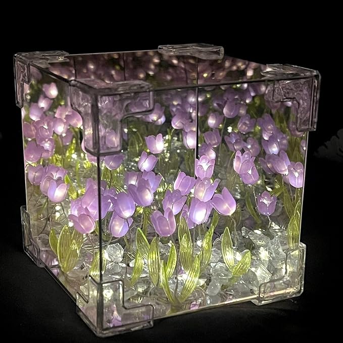 Yckeogln Handmade DIY Tulip Night Lamp, Cube Mirror Bedroom Tulip Night Lamp, 20 Flower Table Lamp and Mirror 2 in 1, Birthday Gifts for Women and Girls (Purple Tulips)