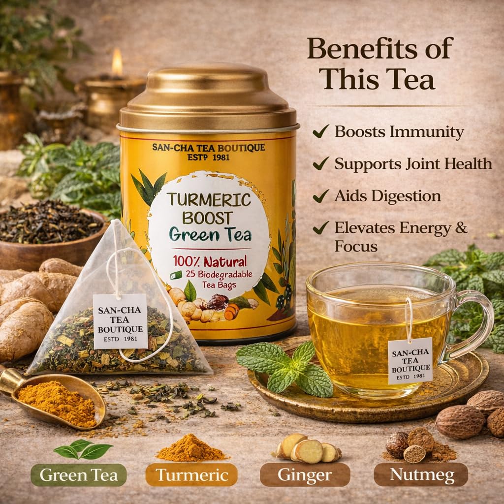 Sancha Tea Boutique Turmeric Boost Green Tea | Turmeric Ginger Green Tea with Nutmeg | 25 Biodegradable Pyramid Bags — Amazon image 4