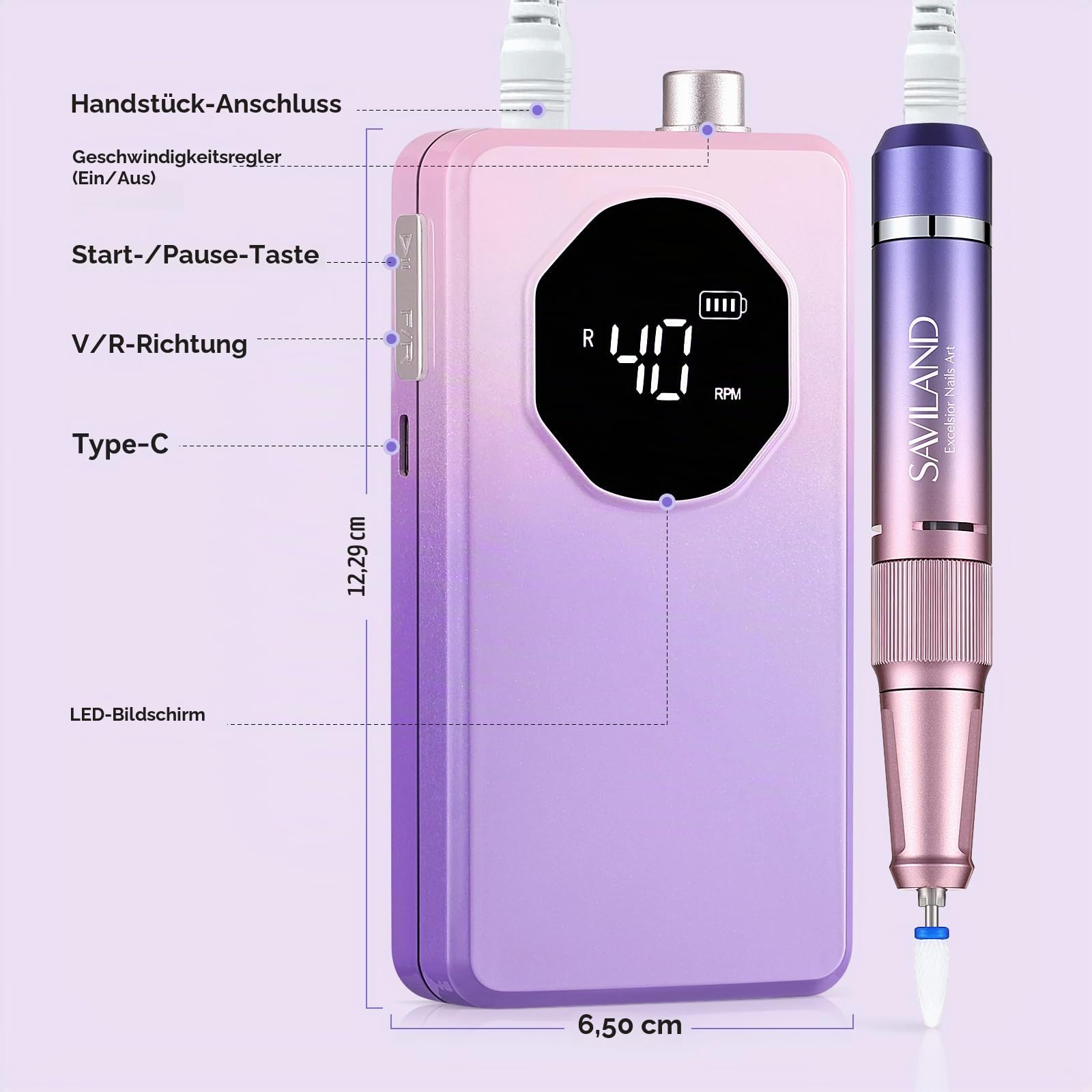 SAVILAND Nagelfräser Professionell 40000 U/min, 12 in 1 Tragbare Wiederaufladbare Elektrische Nagelfeile für Acrylnägel Gelnägel mit LCD-Display, Maniküre Pediküre Verlauf Lila