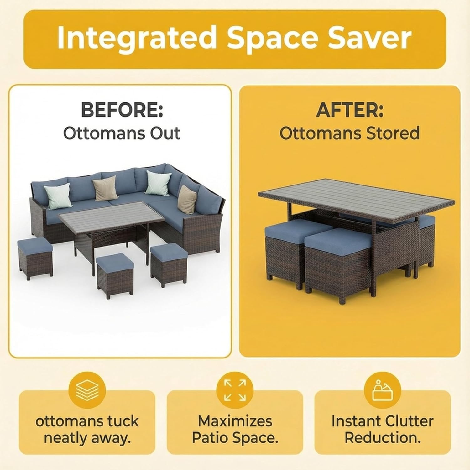 Wisteria Lane 7 Piece Patio Furniture Set, High Curved Back Wicker Patio Sectional, All Weather Outdoor Dining Set, Outdoor Furniture Patio Conversation Set with Ottoman, Blue