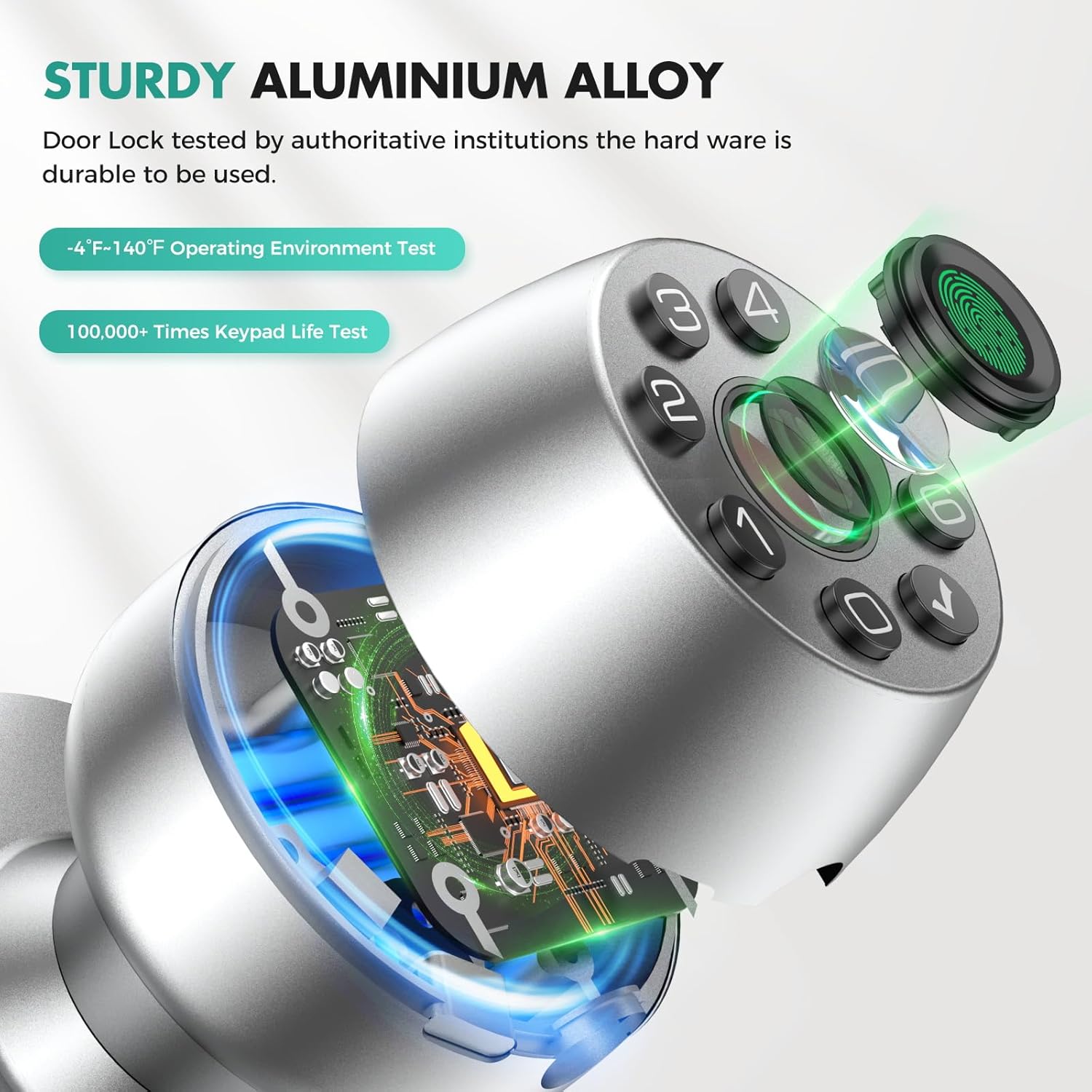 Fingerprint Door Lock, smart Door knob with Fingerprint and keypad Password, App-Controlled biometric Door Lock, keyless Entry, Suitable for bedrooms, Offices, Hotels, Apartments (Silver)