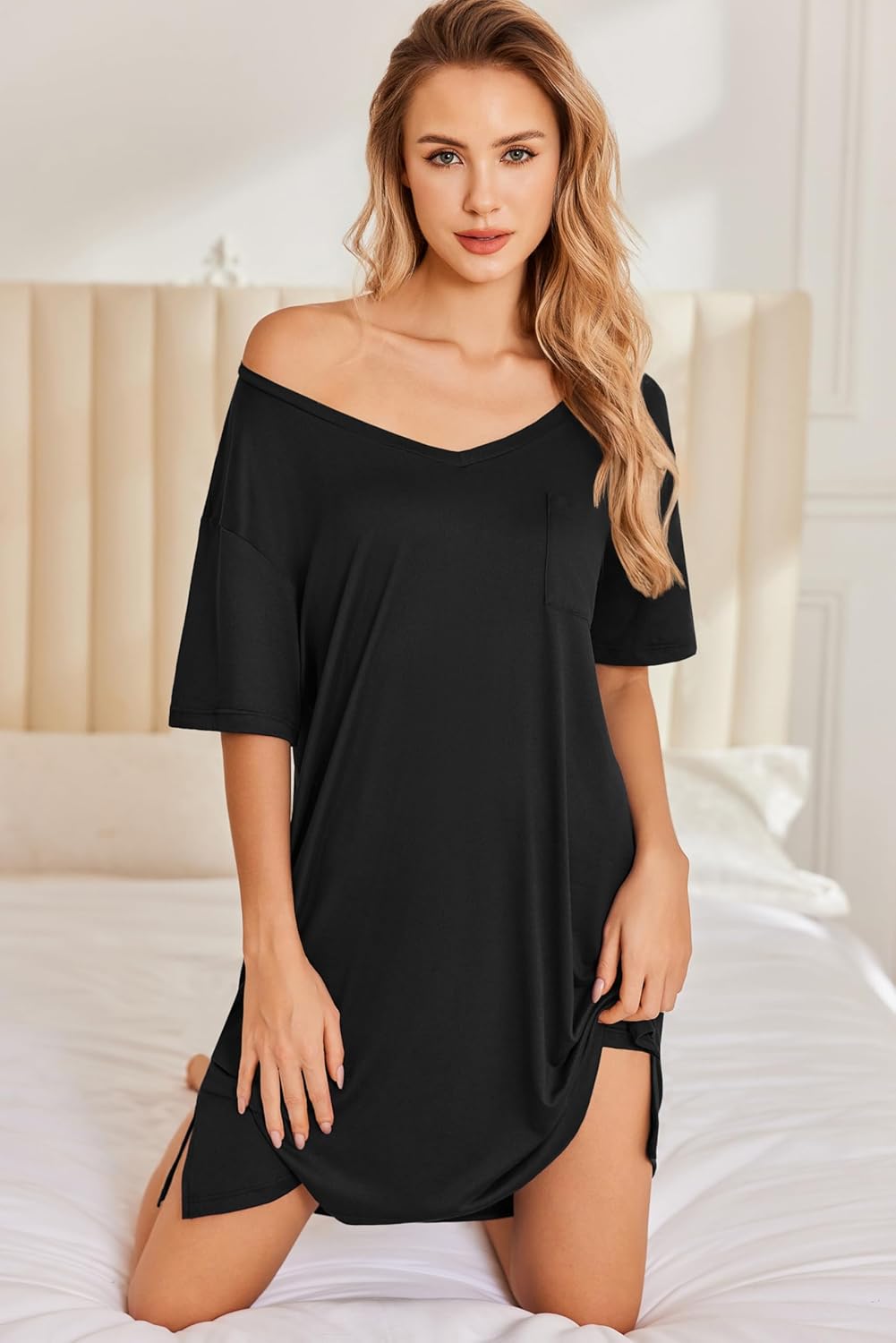 Ekouaer 2 Pack Nightgowns for Women Short Sleeve Sleepshirt V Neck Nightshirt Casual Print Sleepwear - Image 2