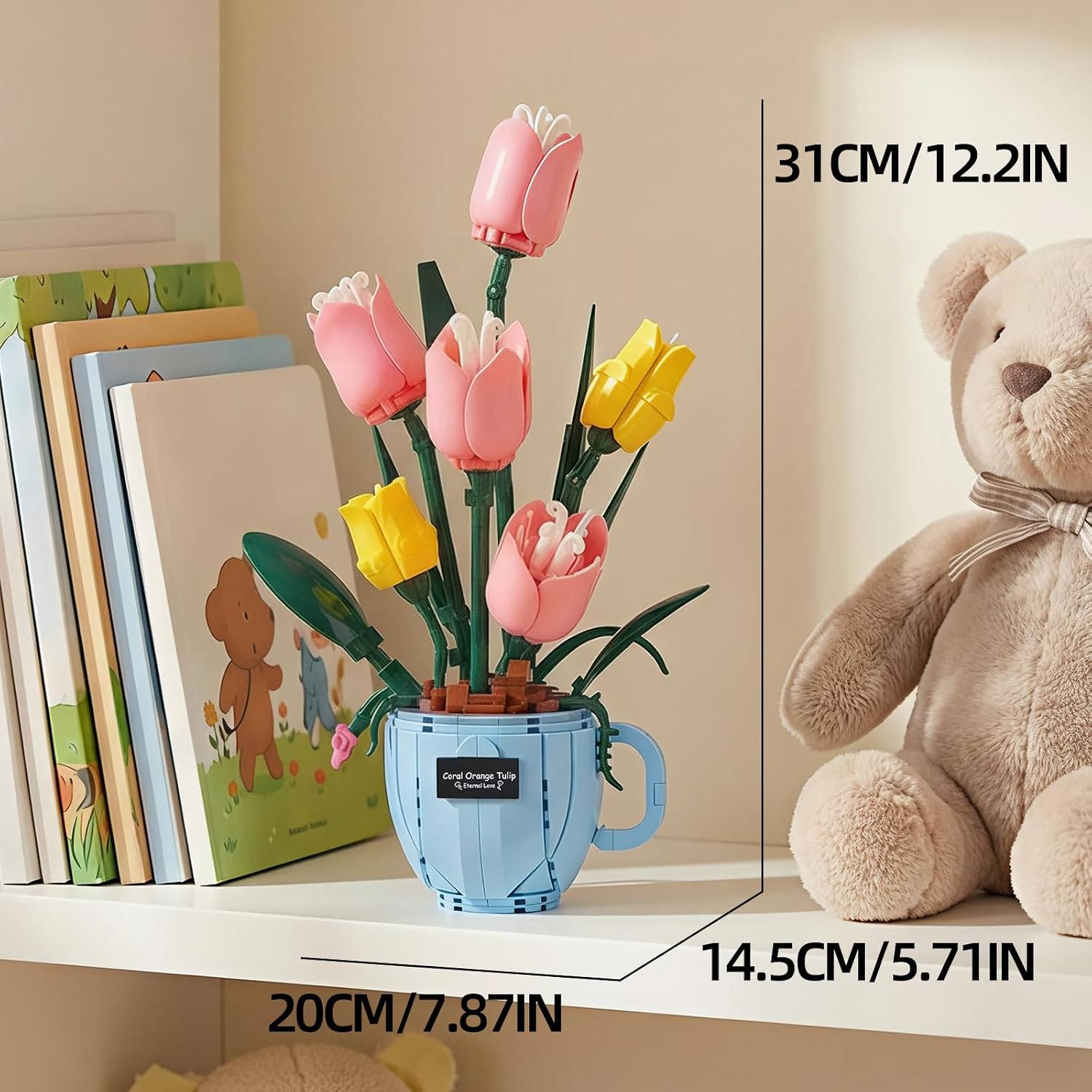 HJPLPXH Tulip Flower Building Blocks Set with LED Light in Teacup Vase, Pink & Yellow Artificial Flowers Building Set in Blue Cup, Table Centerpiece Gift for Girlfriend, Valentine's Day, Mother's Day
