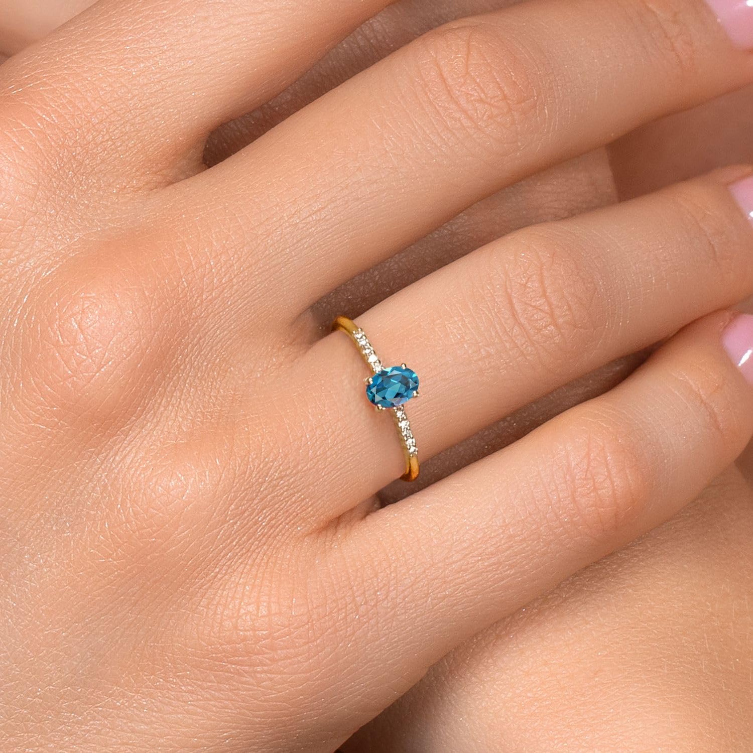 Gem Stone King 10K Yellow Gold London Blue Topaz and Lab Grown Diamond Engagement Ring for Women | 0.65 Cttw | Oval 6X4MM | Gemstone November Birthstone | Wedding Anniversary Promise Ring