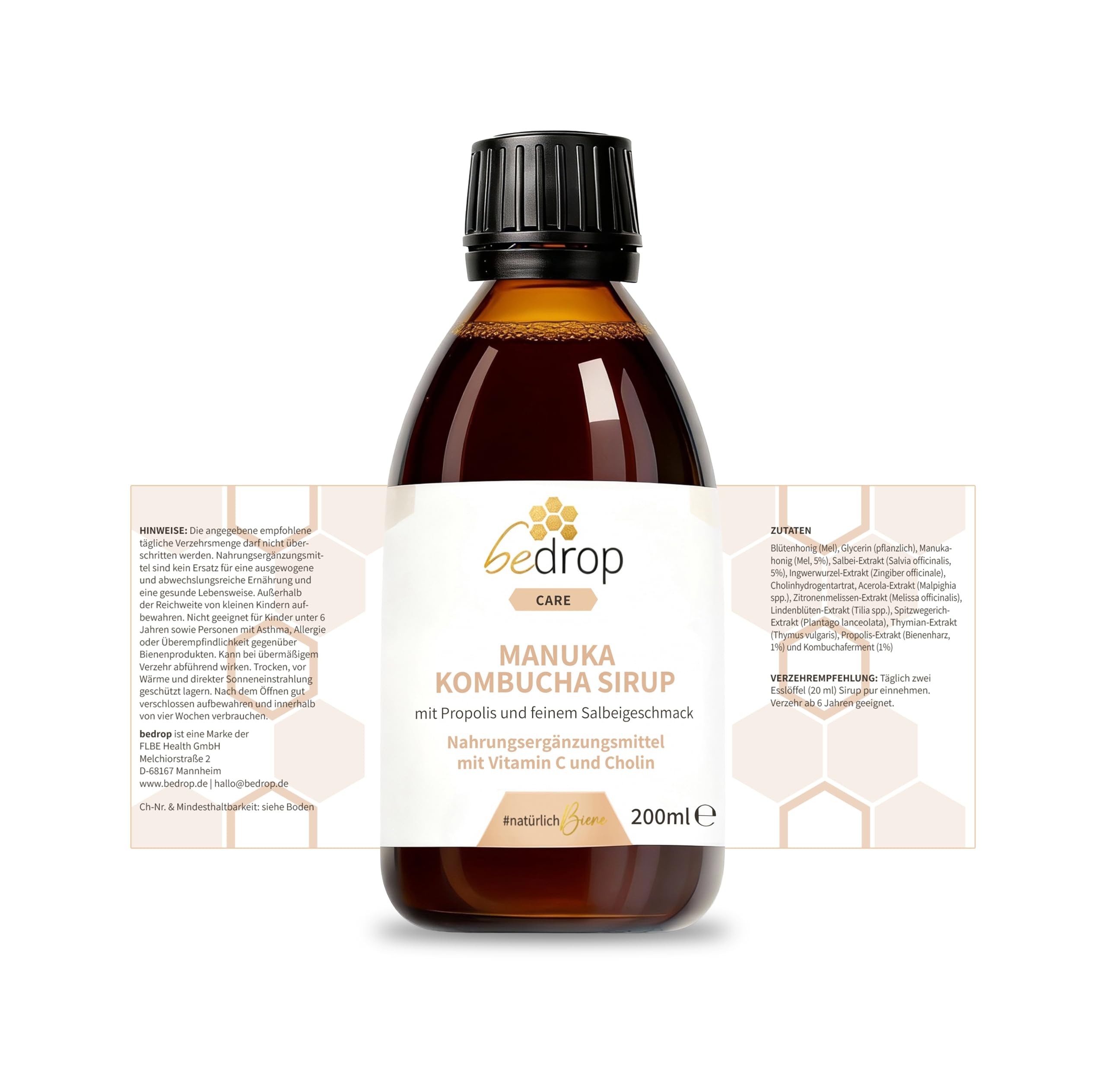 bedrop Manuka Kombucha Sirup I Mit Cholin und Vitamin C I Mit hochwertigem Manuka Honig +500 MGO & Propolis Extrakt - 200ml
