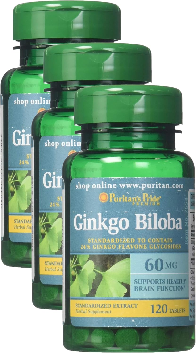 Puritan's Pride Ginkgo Biloba Standardized Extract 60 mg Tablets, 120 Count (Pack of 3)